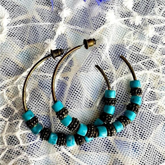 Vintage Brass & Marbled Blue Acrylic Hoop Earrings - Picture 6 of 6
